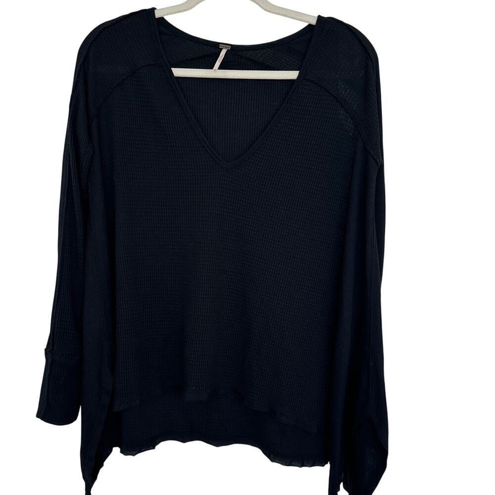 Free People Black Boho Waffle Knit Flowy Long Sleeve Pullover V-Neck,Size XS EUC